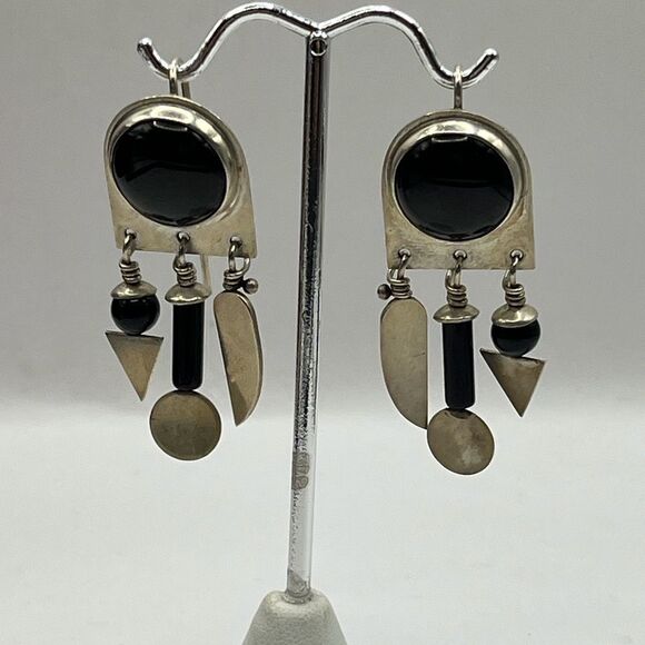 Signed Heinz Brummell Silver and Onyx Dangle Earrings - Picture 1 of 7